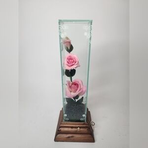 Vintage musical Pink Roses in Glass display